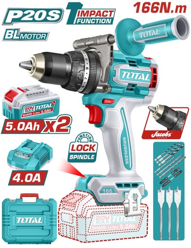 [FH38930] Taladro Percutor a Bateria 20V 166NM Bl - 2BAT/CAR - TIDLI201668 - Total