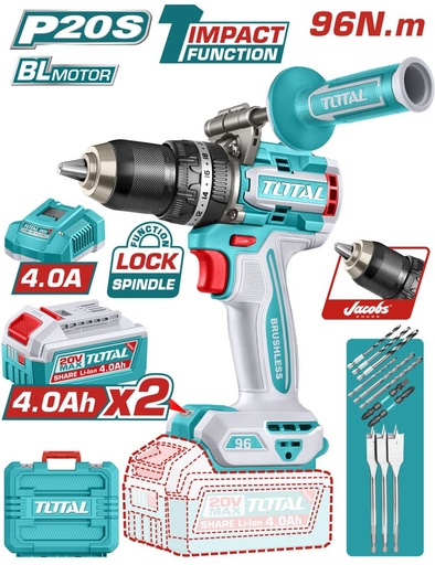 [FH38969] Taladro de Impacto (percutor) a Bateria 20V 96NM Bl C/ Mango - 2BAT/CAR - TIDLI209686 - Total