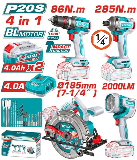 [FH39020] Kit Taladro Percutor, Atorn. Impacto, Sierra Circ. y Lampara 20V - Promo - 2BAT/CAR - Total
