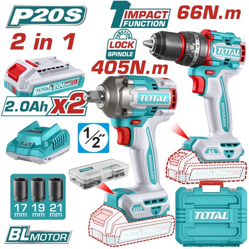 [FH39021] Kit Llave de Impacto 405NM y Taladro Percutor 66NM a Baterias 20V - TCKLI20286 - Total