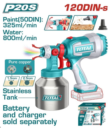 [FH39072] Pistola de Pintura a Bateria 20V (pote Inox) 120DIN 0.8L - sin Bat - TSGLI20041 - Total