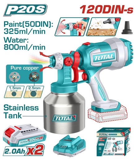 [FH39073] Pistola de Pintura a Bateria 20V (pote Inox) 120DIN 0.8L - 2BAT/CAR - TSGLI200414 - Total