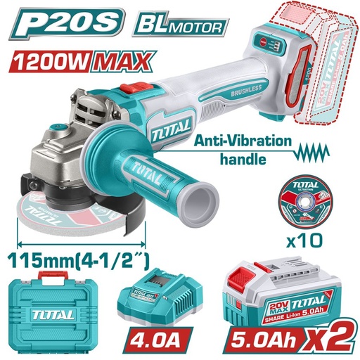[FH39089] Amoladora a Bateria 20V 115MM (1200W Max) Bl - 2BAT/CAR - TAGLI2120252 - Total