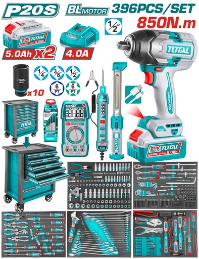 [FH39090] Kit Gabinete 6 Cajones con Juego de Herramientas y Llave de Impacto 850NM (396 Pzs) - 2BAT/CAR - Total