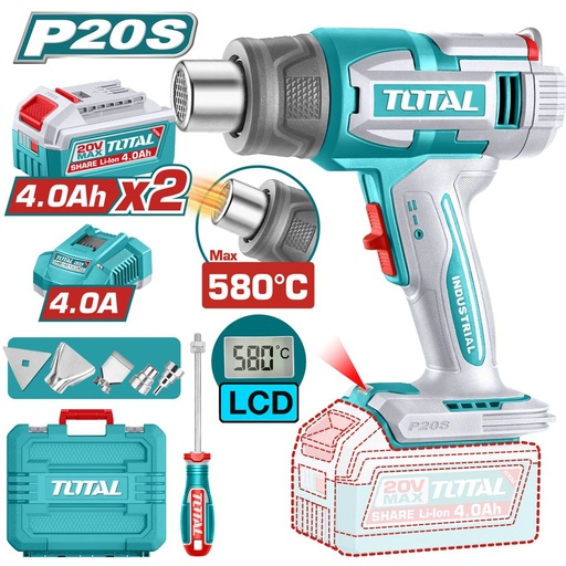 [FH39092] Pistola de Calor a Bateria 20V 580MAX (pant. Lcd) - 2BAT/CAR - TBLI20582 - Total