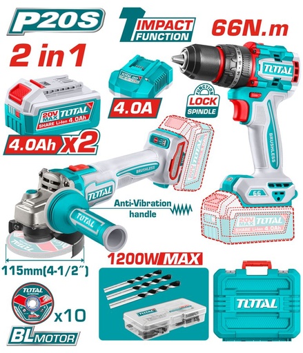 [FH39100] Kit Taladro Percutor 66NM y Amoladora 115MM (1200W Max) a Bateria 20V Bl - 2BAT/CAR - TCKLI20256 - Total