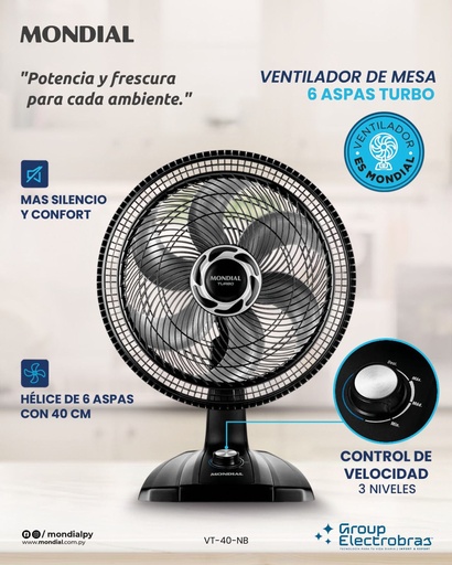 [HV39319] VENTILADOR DE MESA 40CM 6 ASPAS TURBO MONDIAL