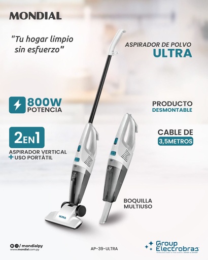 [HL39320] ASPIRADOR DE POLVO ULTRA 800W 2 EN 1 MONDIAL