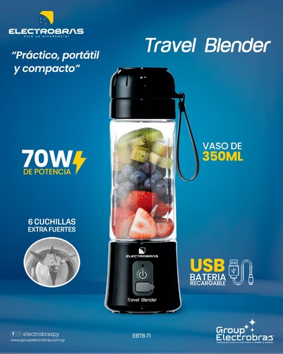 [HC39332] LICUADORA TRAVEL BLENDER RECARGABLE 70W 350ML