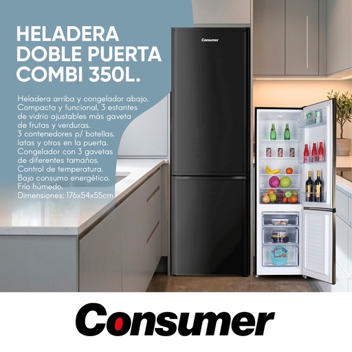 [HH39584] Heladera Doble Puerta Combi 350 L Negro - Consumer