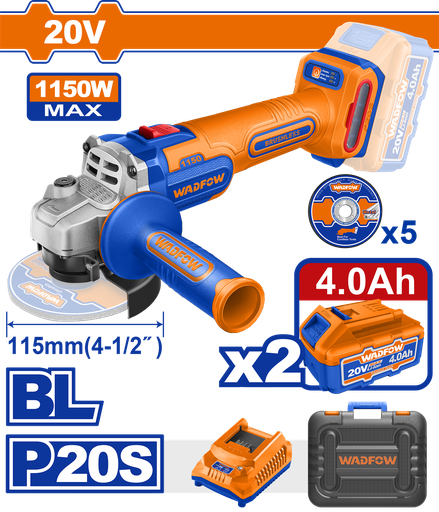 [FH42048] Amoladora A Batería 20V BL (1150w Max) - 2BAT/CAR - Wlapb522 - Wadfow