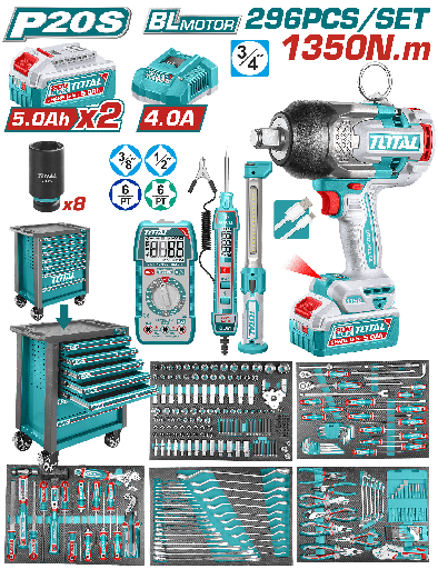 [EC45241] Kit Gabinete De 6 Cajones Con Juego De Herramientas Y Llave De Impacto 20V 1350NM (296 Pzs) - Total