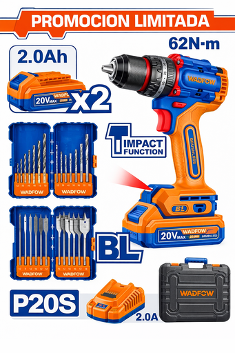 [FH45244] Kit Taladro Percutor A Bateria 20V 62NM (c/ Accesorios) - 2BAT/CAR - Promo - Wos250895 - Wadfow