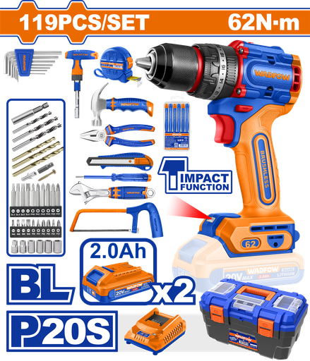 [FH45245] Kit Taladro Percutor A Bateria 20V 62NM (c/ Juego De Herr) (119 Pzs) - 2BAT/CAR - Wdt4b119 - Wadfow