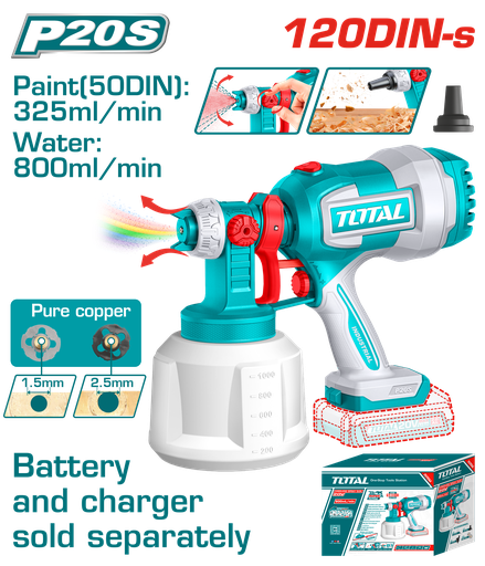 [E45965] Pistola De Pintura A Bateria 20V 120DIN 1L - Sin Bat - Tsgli2004 - Total
