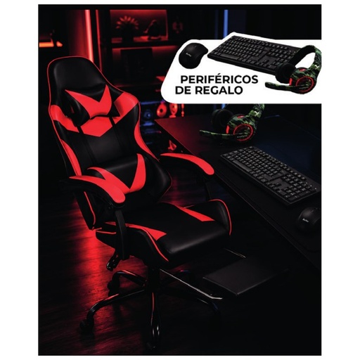 [TG46950] Combo Silla Gamer Xtreme con Posapiés Negra y Roja + Teclado, Mouse y Auricular Gamer - Level