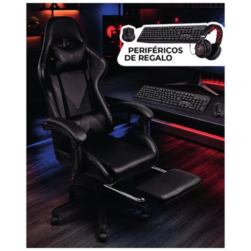 [TG46951] Combo Silla Gamer Xtreme con Posapiés Negra + Teclado, Mouse y Auricular Gamer - Level