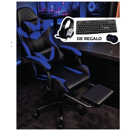 [TG46952] Combo Silla Gamer Xtreme con Posapiés Negra y Azul + Teclado, Mouse y Auricular Gamer - Level